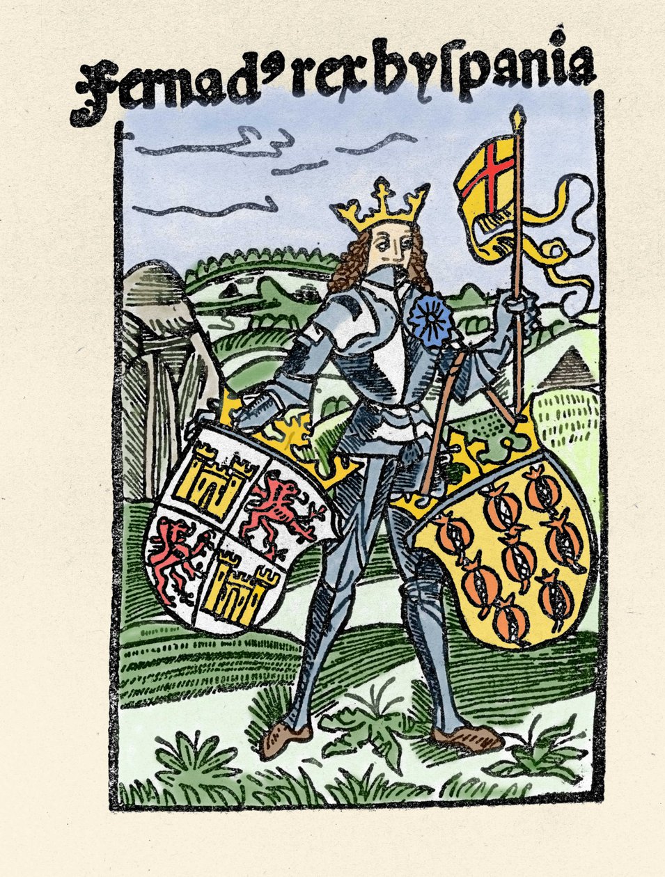 Portrét Ferdinanda I. Aragonského Spravedlivého (1380-1416), španělského krále. Rytina z “” De insulis in mare Indico super inventis””, Bale 1493-1494 (latinský překlad Kolumbovy zprávy španělskému králi). od Unknown artist