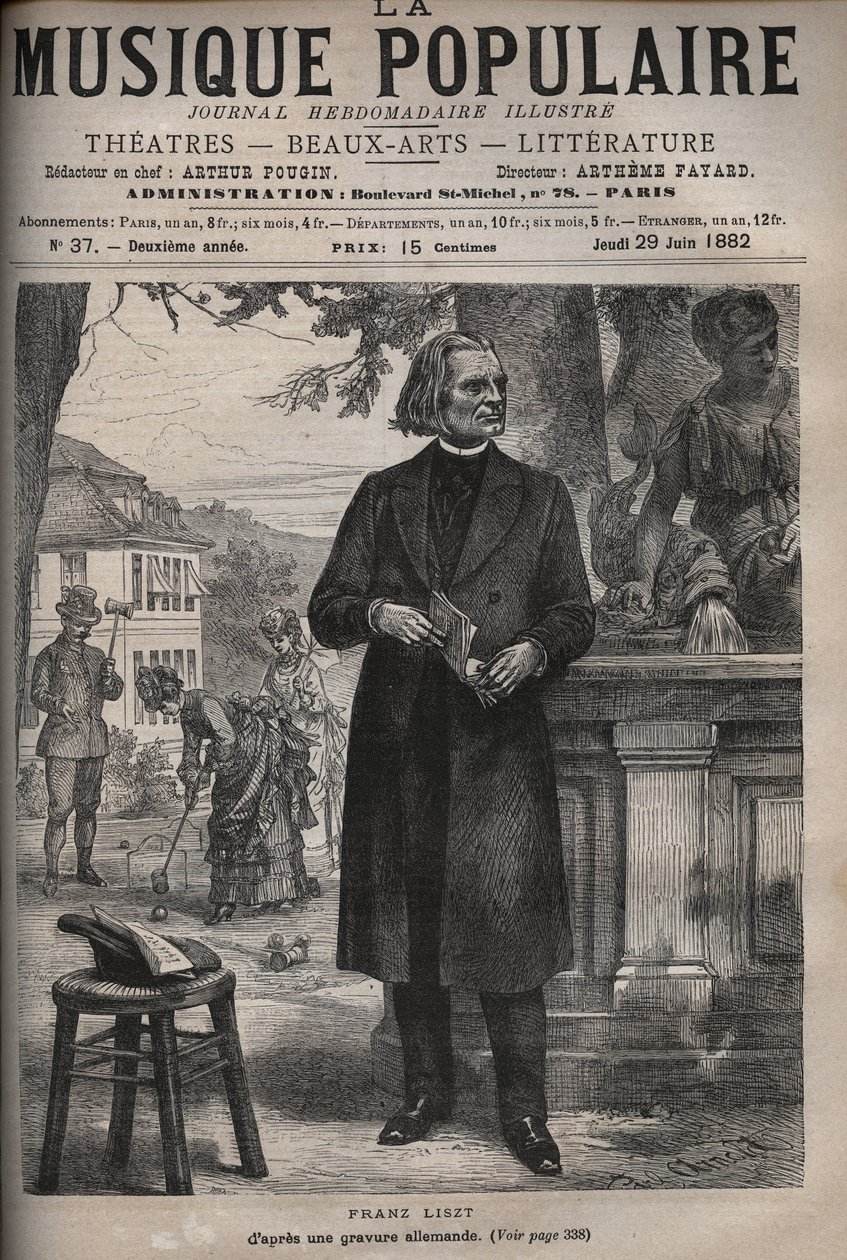 Portrét Franze Liszta (1811-1886), maďarského skladatele, klavíristy a dirigenta (Franz Liszt, maďarský skladatel, pianista a dirigent), rytina do proslulého týdeníku „” Popular Music””” - 1882 od Unknown artist