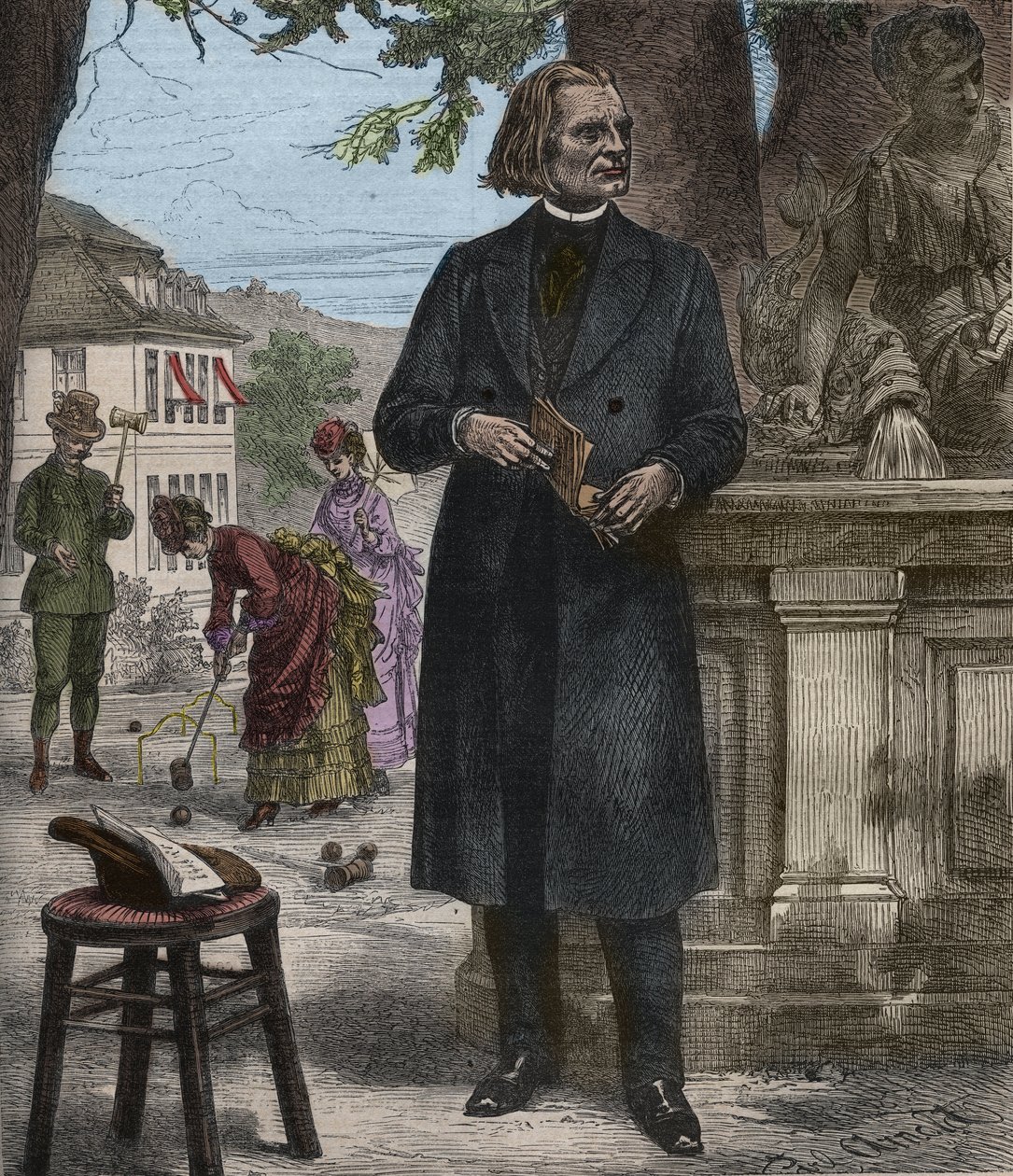 Portrét Franze Liszta (1811-1886), maďarského skladatele, klavíristy a dirigenta (Franz Liszt, maďarský skladatel, pianista a dirigent), rytina do proslulého týdeníku „” Popular Music””” - 1882 od Unknown artist
