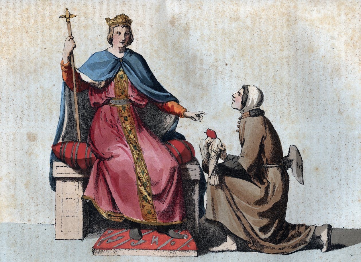 Portrét Fridricha II. z Hohenstaufenu císaře Svaté říše římské se svým sokolníkem - Portrét Fridricha II. od Hohenstaufena (1194-1250), krále Svaté říše římské se svým sokolníkem - rytina z „“ Usi e Costumi di Tutti i i Popoli dell