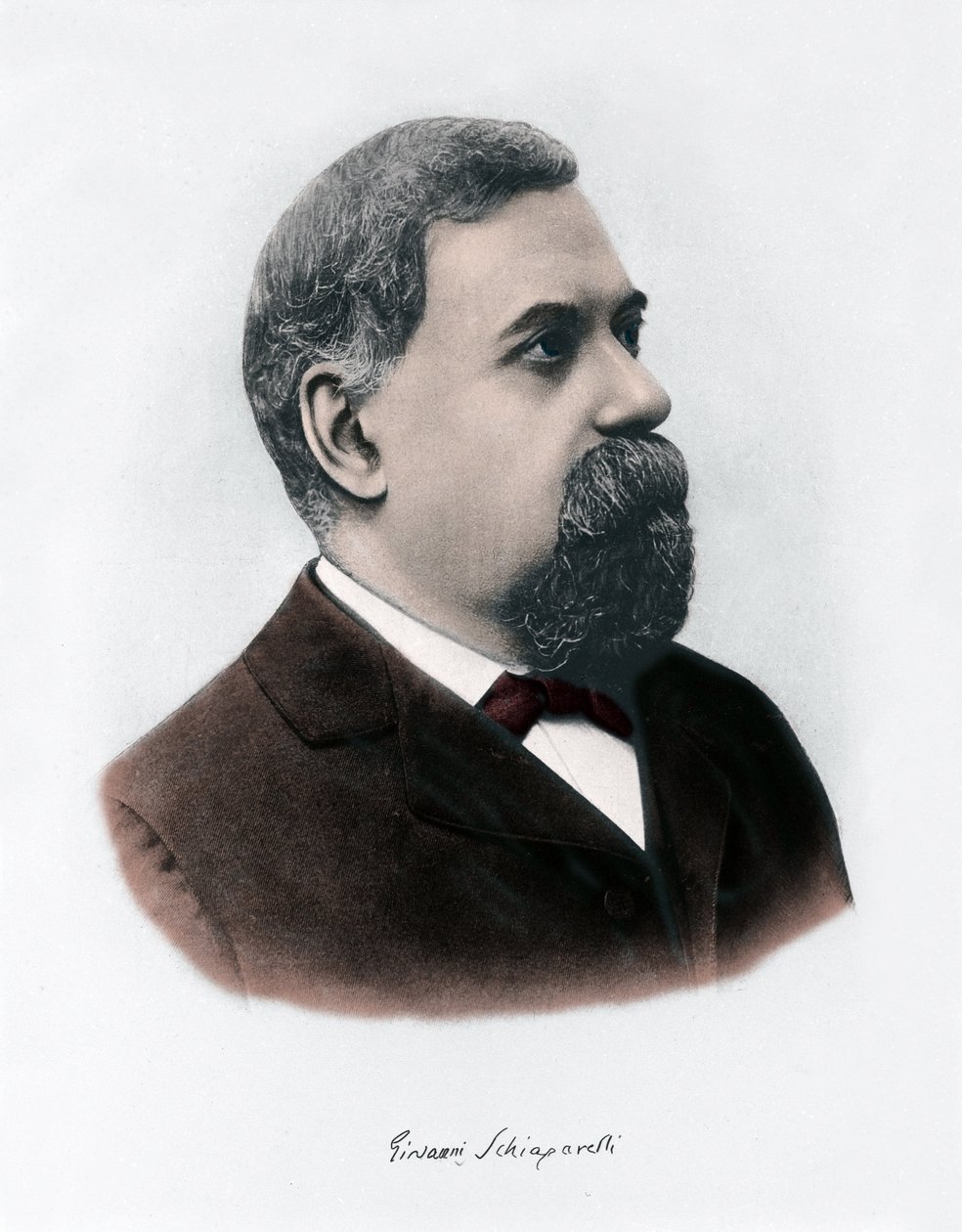 Portrét Giovanniho Virginia Schiaparelliho (1835-1910), astrofyzika. Na planetě Mars pozoroval přímočaré útvary, které nazval marťanské kanály (canali). Rytina kolem roku 1900 od Unknown Artist