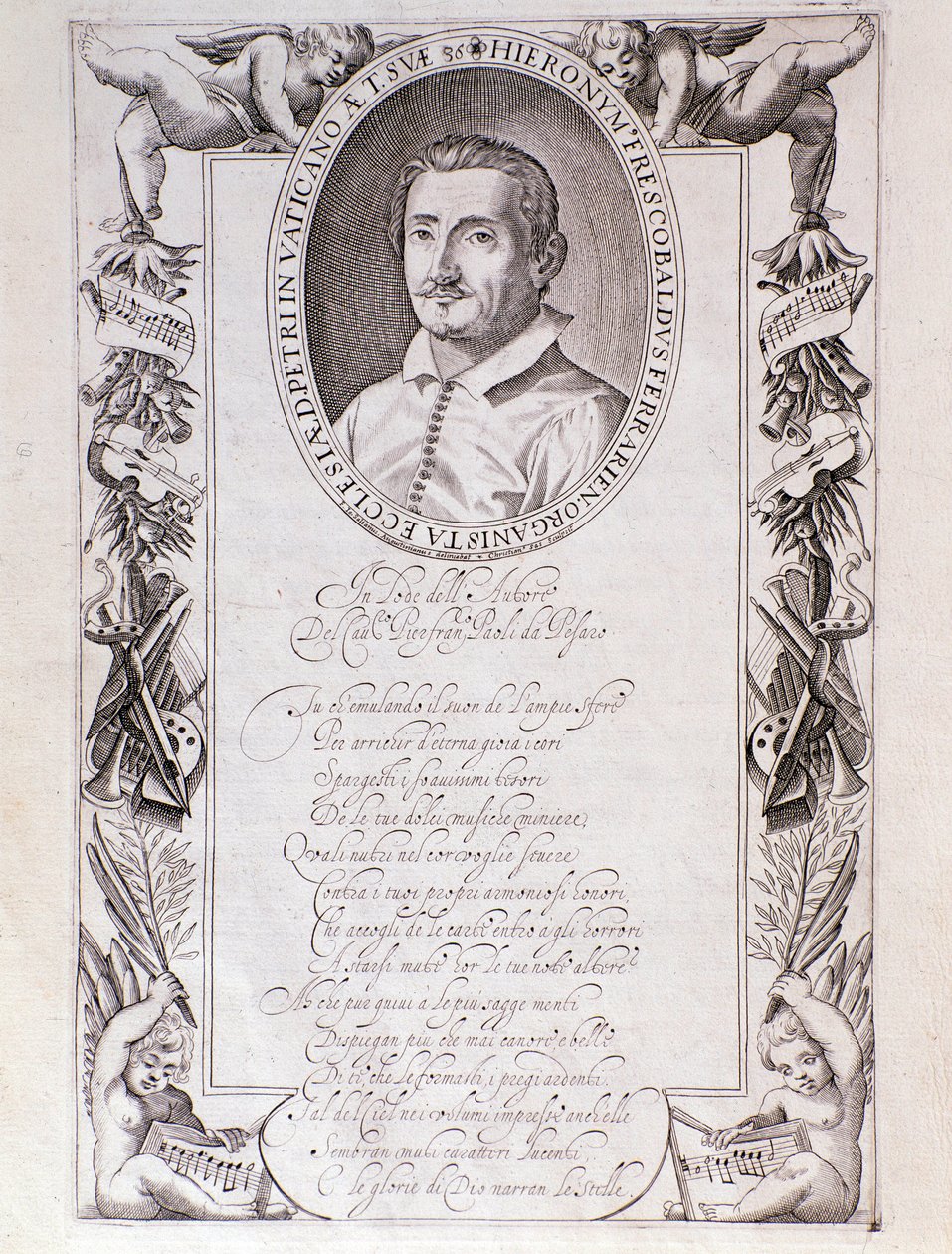 Portrét Girolama Frescobaldiho (1583-1643) italského skladatele Rytina z frontispisu partitury „“ Tocrate “. 1637. Bologna, Muzeum občanského muzea od Unknown artist
