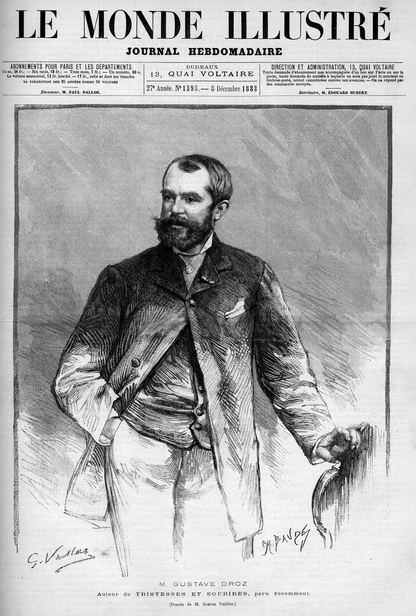 Portrét Gustava Droze (1832-1895), francouzského malíře a romanopisce. Gravírování do „“The Illustrated World““ od Unknown artist