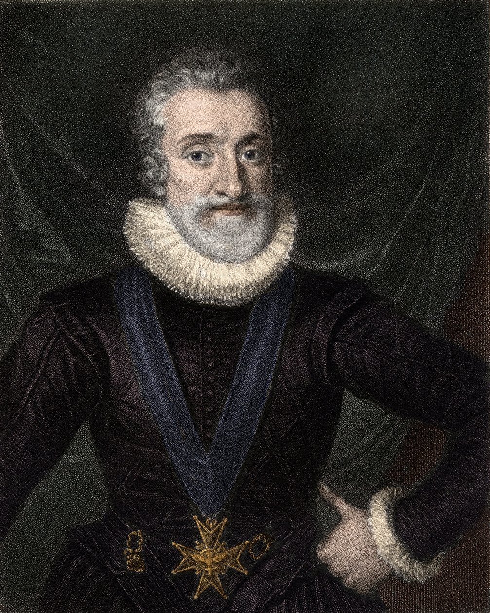 Portrét Jindřicha IV. (1553-1610) francouzského krále, s náhrdelníkem insignií Řádu Ducha svatého (Řád Ducha svatého) - Jindřich IV. (Jindřich Navarrský nebo Bourbonský) (1553-1610), s insignie Řádu Ducha svatého - rytina od Unknown artist