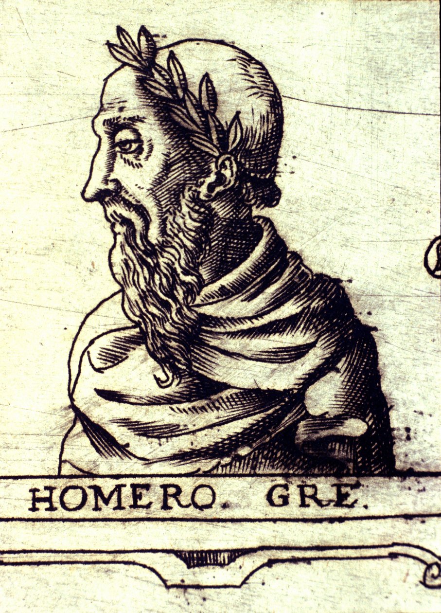 Portrét Homéra (9. století př. Kr.). Rytina z roku 1560 z Atlasu Urbano Monte od Unknown artist