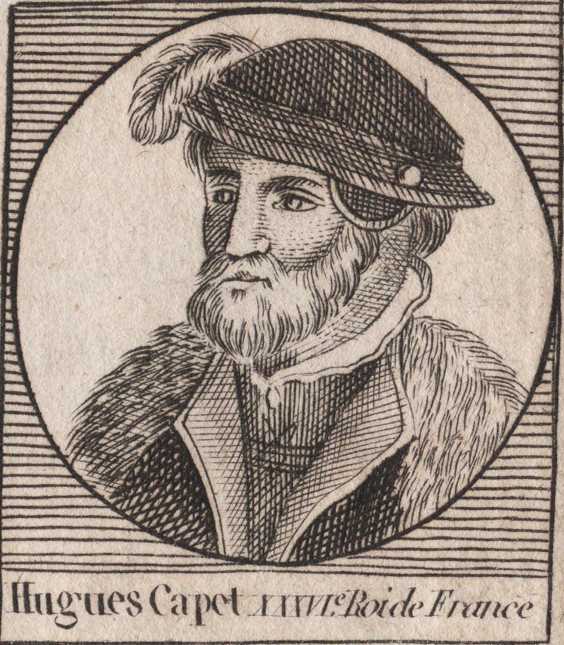 Portrét Huguese I. Capeta (asi 941 - 996), vévody francouzského, tehdejšího krále Francie - Portrét Huguese I. Kapeta (c941-996), francouzského krále - rytina z „Instruction sur l