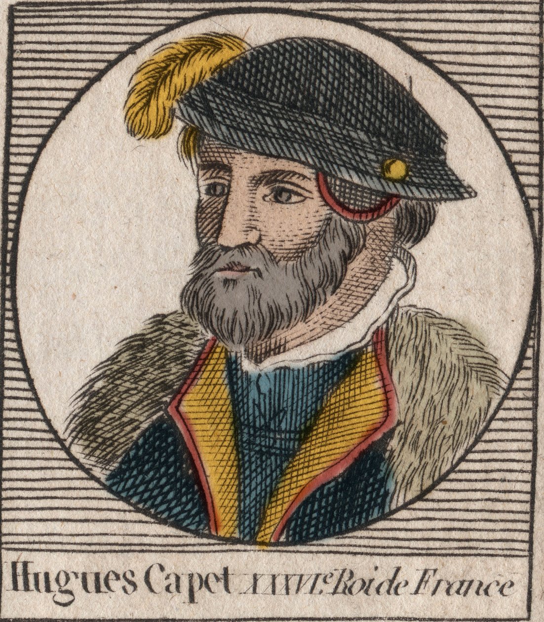 Portrét Huguese I. Capeta (asi 941 - 996), vévody francouzského, tehdejšího krále Francie - Portrét Huguese I. Kapeta (c941-996), francouzského krále - rytina z „Instruction sur l