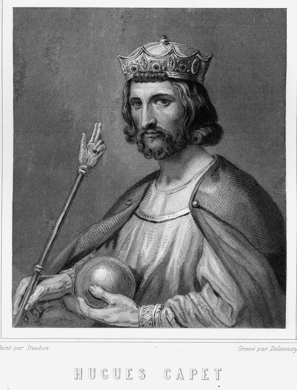 Portrét Huguese I. Capeta (v. 941 - 996), vévody francouzského a tehdejšího krále Francie - v „Histoire des Français““ od Lavallée, rytina, sd. od Unknown artist