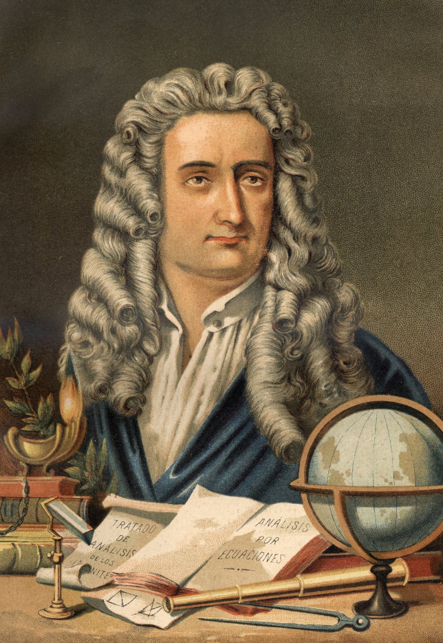 Portrét Isaaca Newtona (1642-1727), anglického matematika, fyzika a astronoma. z knihy „Věda a její muži“ od Louise Figuiera. Barcelona 1881 od Unknown artist