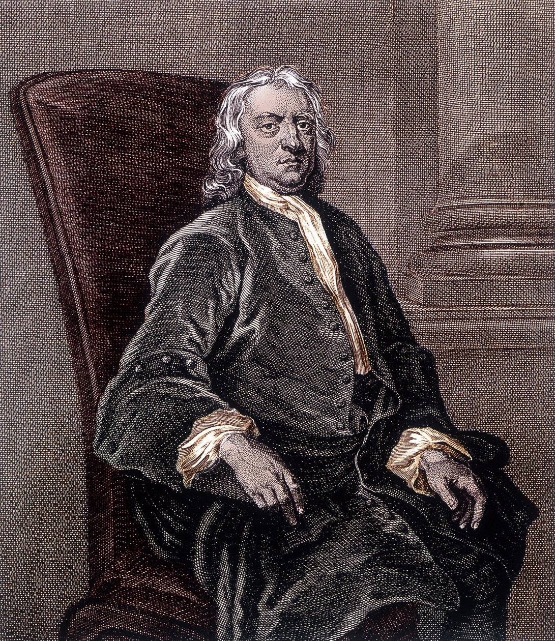 Portrét Isaaca Newtona sedícího v křesle - rytina od Unknown artist