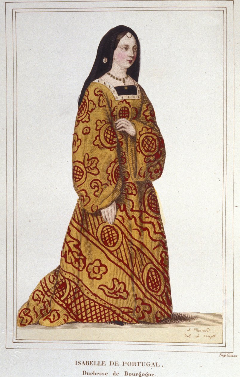 Portrét Isabely Portugalské (1397-1472) Vévodkyně z Burgundska manželka Filipa Dobrého. Rytina z roku 1830 od Unknown artist