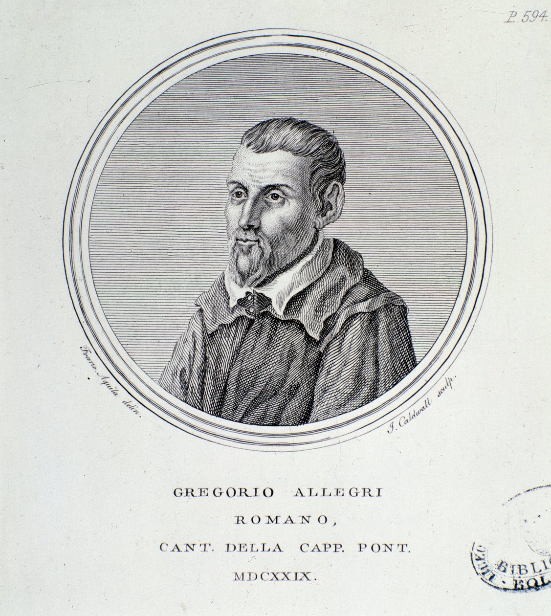 Portrét italského skladatele Gregoria Allegriho (1582-1652) Rytina. 1629. Bologna, občanské bibliografické museum od Unknown artist