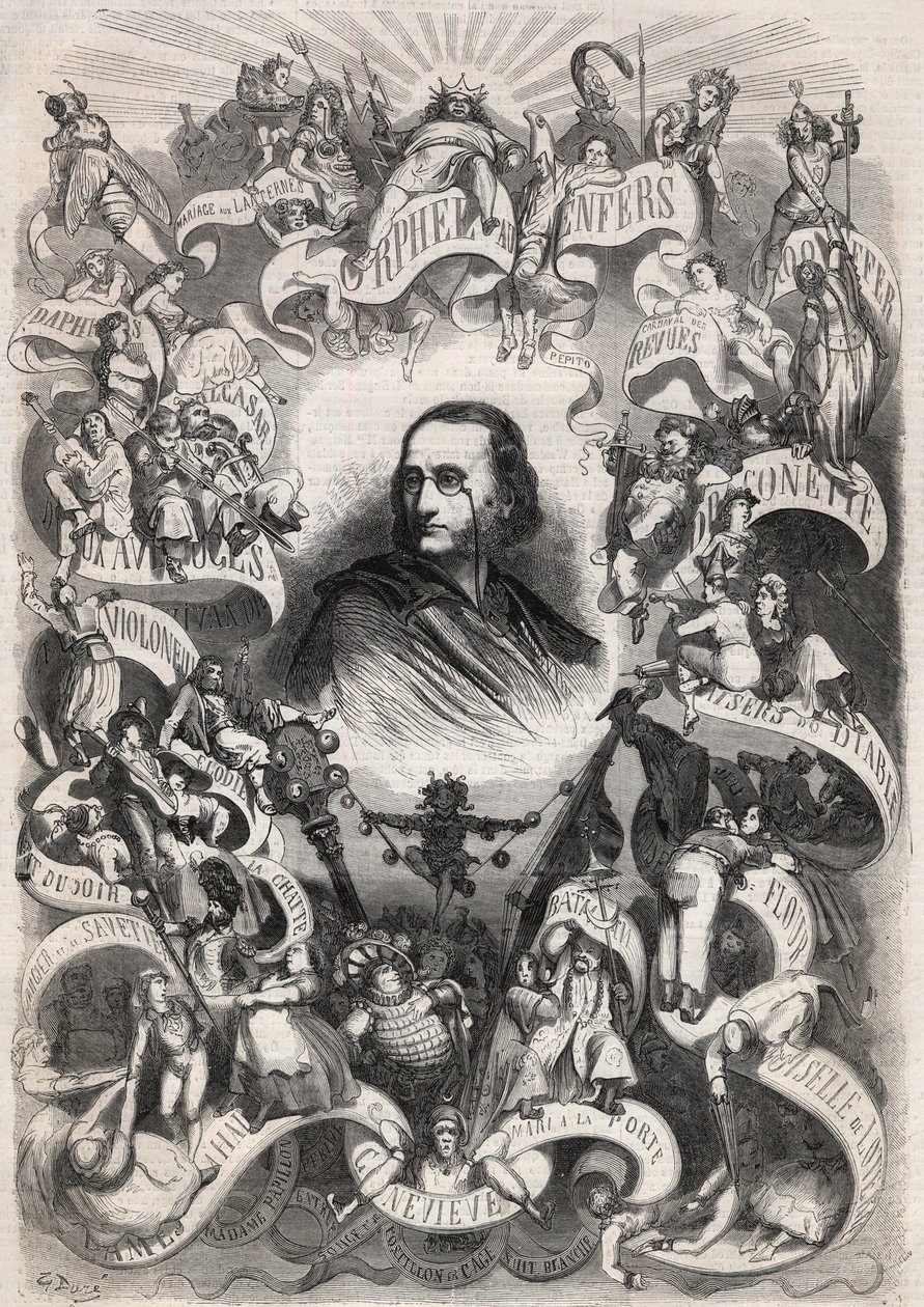 Portrét Jacquese Offenbacha (1819-1880), francouzského skladatele a ředitele divadla des Bouffes Parisiens, obklopený postavami jeho děl - Rytina v „“Le Monde Illustré““ od Unknown artist