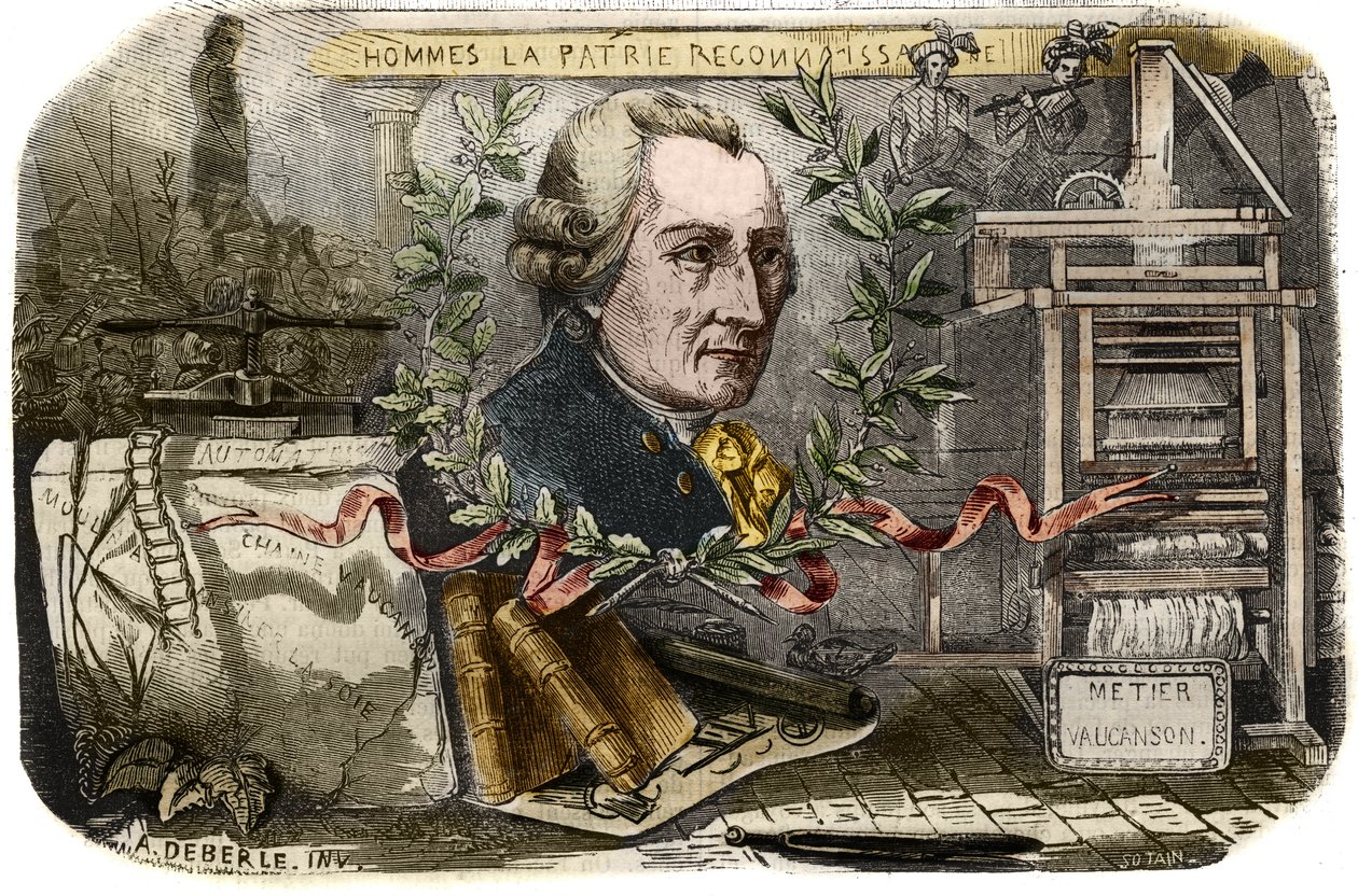 Portrét Jacquese de Vaucansona (1709-1782), francouzského mechanika a vynálezce automatů. Rytina z roku 1857 v „“Le Musee Des Sciences““ od Unknown artist