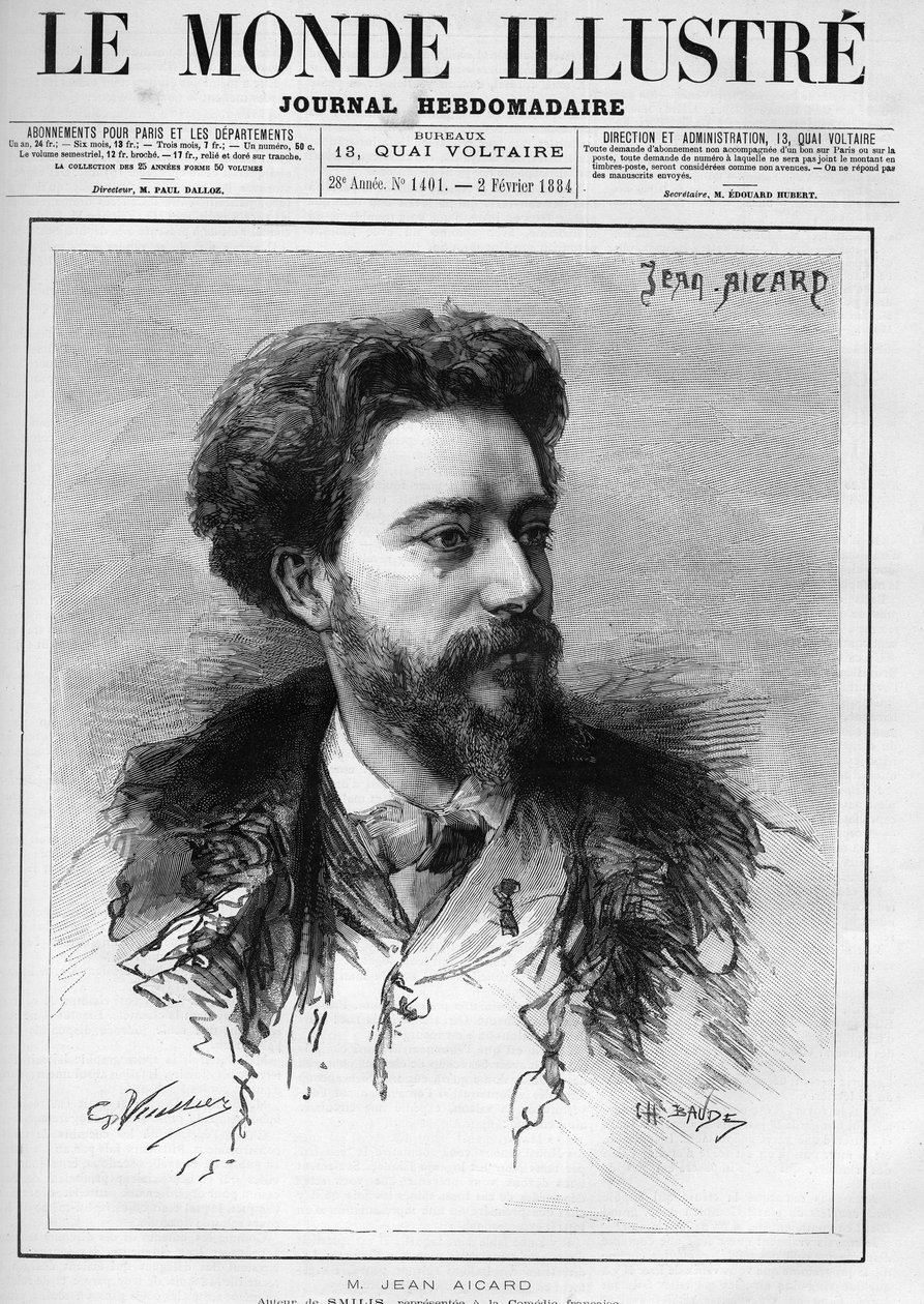 Portrét Jeana Aicarda (1848-1921), francouzského spisovatele. Gravírování do „“The Illustrated World““ od Unknown artist