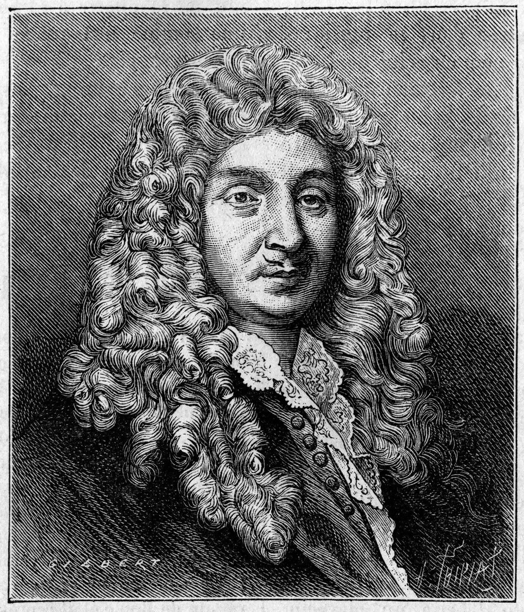 Portrét Jean Baptiste Lully (Giovanni Battista Lulli) (1632-1687), francouzský skladatel italského původu. Z dobové rytiny. Rytina v "" Příroda: přehled věd a jejich aplikace v umění a průmyslu "" ze 7. května 1887. od Unknown artist
