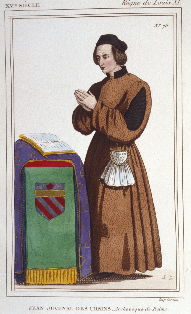 Portrét Johna Juvenala des Ursins: Jeho skutečným jménem Jouvenel. Narozen v roce 1388 (Paříž), zemřel v roce 1473 (Reims, Marne) ve věku 85 let. Těžil z následujících zdrojů příjmů: biskup z Beauvais, arcibiskup z Remeše, biskup z Laonu, duchovenstvo, adv od Unknown artist
