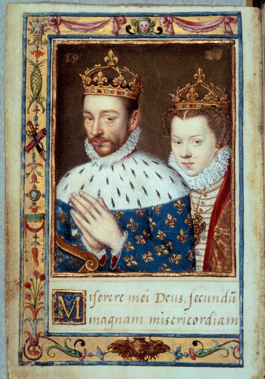 Portrét krále Karla IX. (1550-1574) a Alžběty Rakouské (1554-1592) Francouzská královna Rukopisná stránka „Knihy hodin Kateřiny de Medicis“ (Caterina de Medici) Paříž 16. století, B.N. od Unknown artist