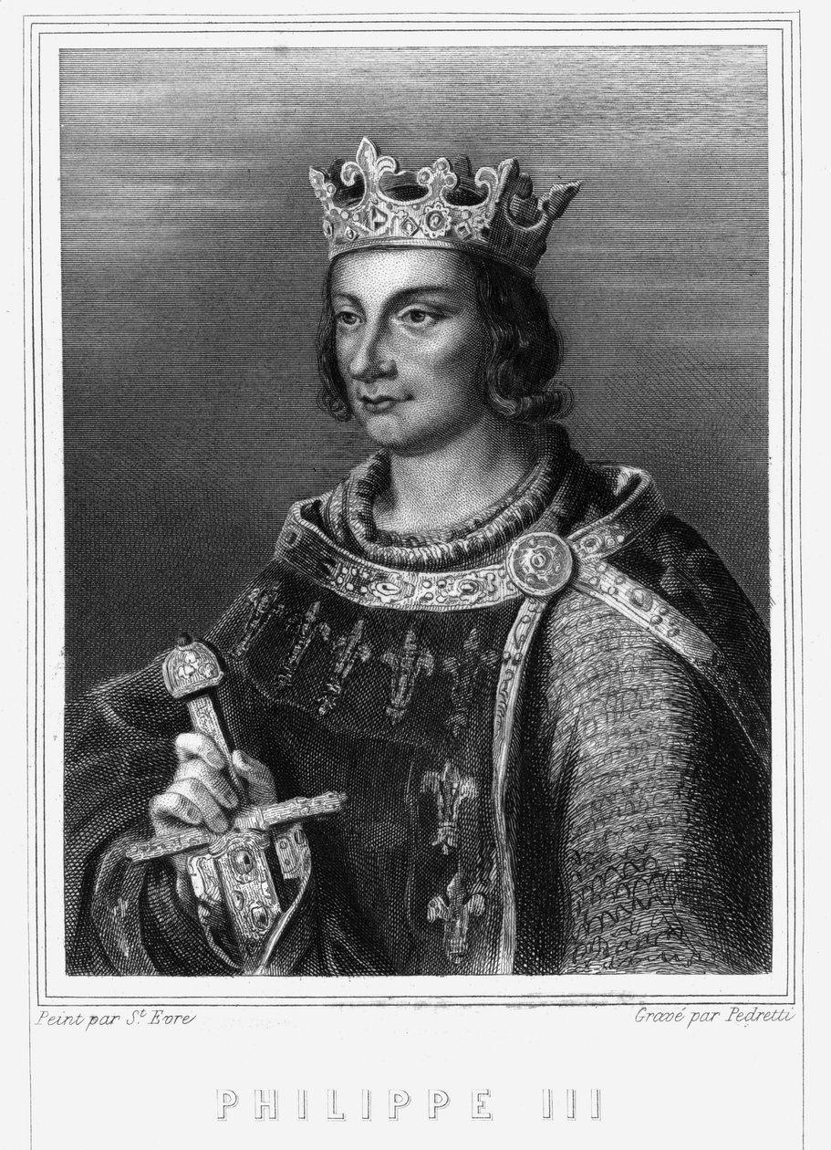Portrét francouzského krále Filipa III., známého jako Filip Hardi (1245-1285) (dynastie Kapetů). Filip III., francouzský král. Filip III. Smělý (1245-1285) - v „“ Histoire des Français““ od Lavallée, rytina, sd. od Unknown artist