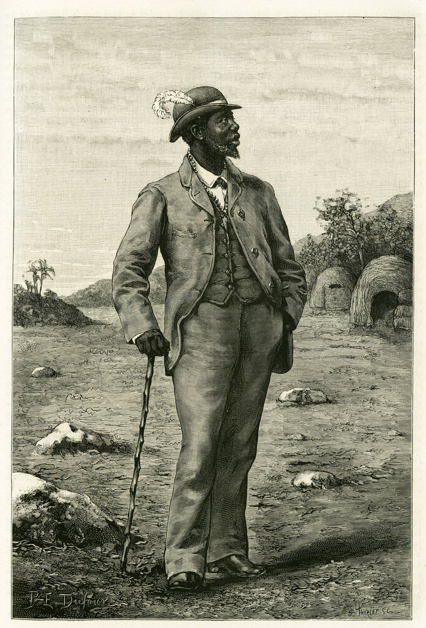 Portrét krále Sepopa ze Zambeze (dnešní Jihoafrická republika), oděný v evropském stylu, rytina P. Dufoura pro ilustraci příběhu „Au pays des Marutses“, v letech 1875-1879, od Dr. Emila Holuba (1847- 1902). Publikováno v Tour du monde, 2. semestr 1 od Unknown artist