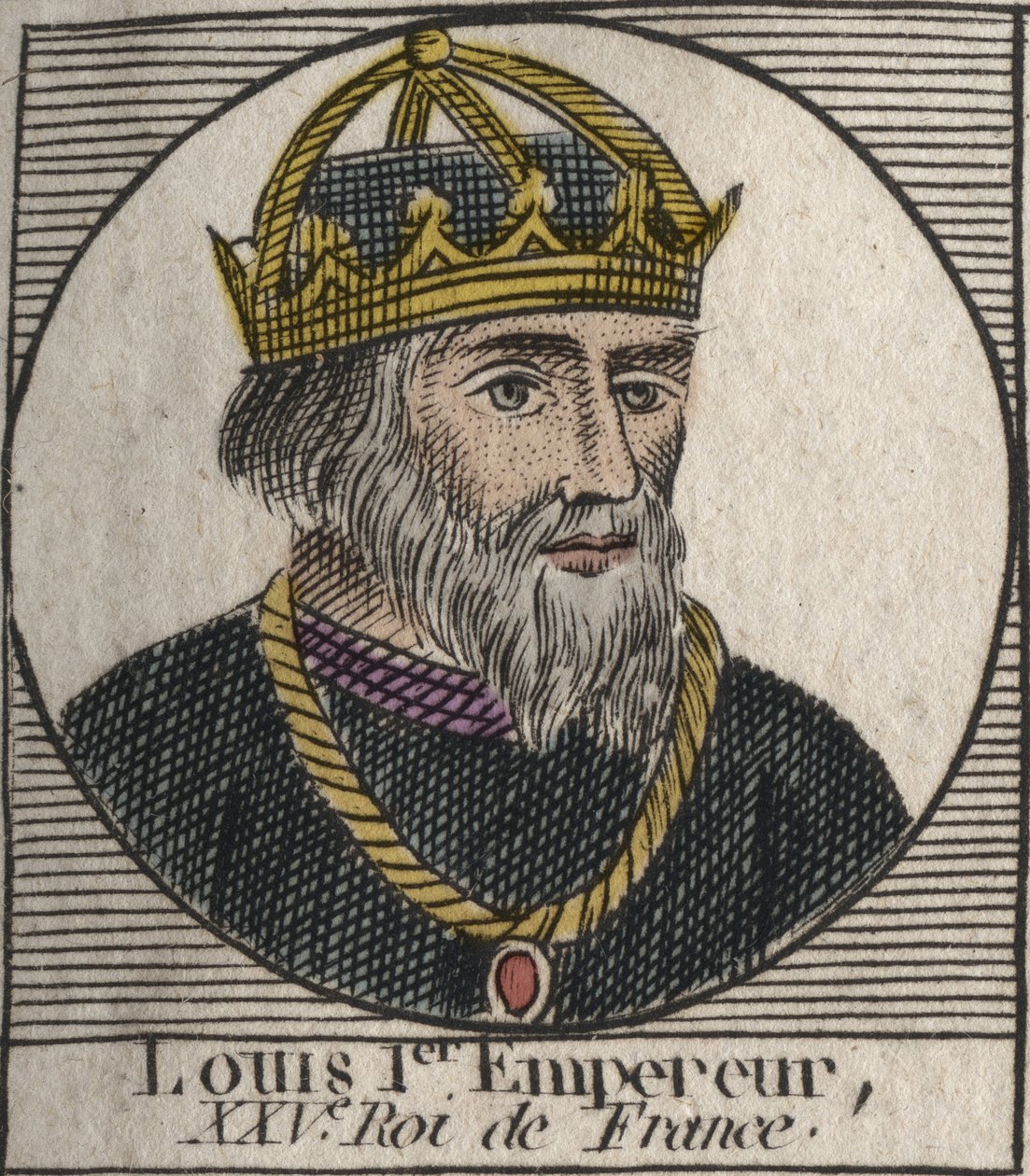 Portrét Ludvíka I. „Zbožného“ (778-840) francouzského krále, císaře Svaté říše římské – rytina z „Instruction sur l