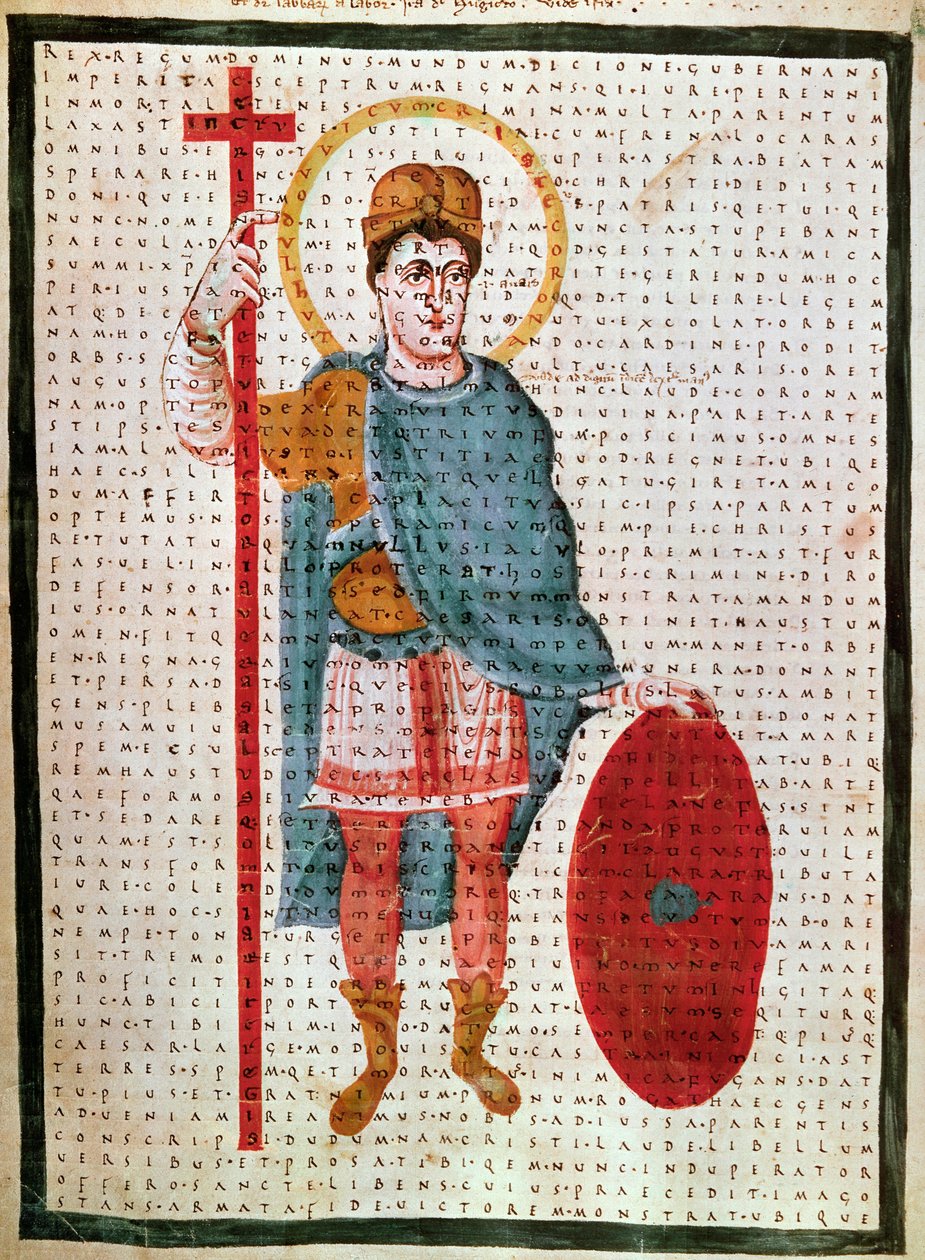 Portrét Ludvíka I. Zbožného nebo Debonnaira" (778-840), krále Francie"" miniatura v "Chvalách svatého Kříže" (nebo vídeňském kodexu) od Rabana Maura Magnentia (nebo Rabana Maura nebo Rabana Maura) ( cca 780-856), 830 kolem Vídně, Osterreichisch od Unknown artist