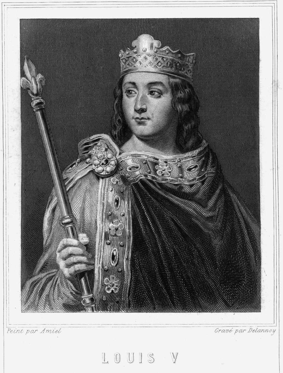Portrét Ludvíka V le Fainéant (967 - 987), krále Francie - v „Histoire des Français““ od Lavallée, rytina, sd. od Unknown artist