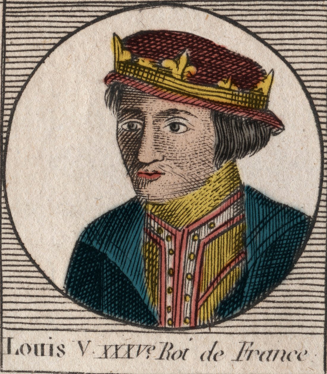Portrét Ludvíka V. le Faineanta (967-987), francouzského krále - Ludvíka V. Indolentního (967-987) - rytina z „“Instruction sur l’Histoire de France““ od Charlese Constanta Le Telliera 1821 od Unknown artist