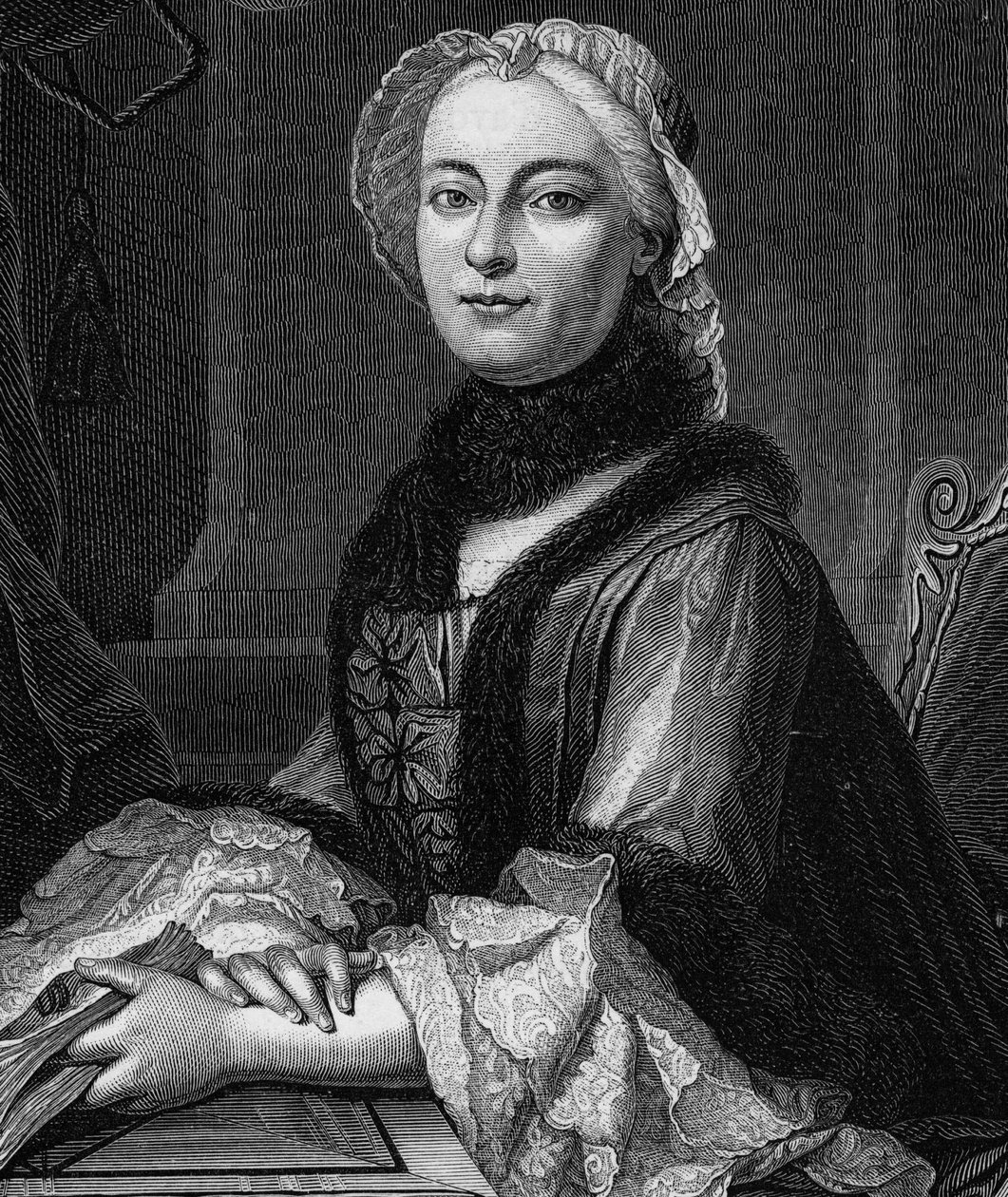Portrét madame Geoffrinové, rozené Marie Therese (Marie-Therese) Rodet (1699-1777) – rytina z roku 1862 v „“The Queens of the World”” od našich prvních spisovatelů, kniha vydaná pod vedením Jean Germain Desire Armandaud od Unknown artist