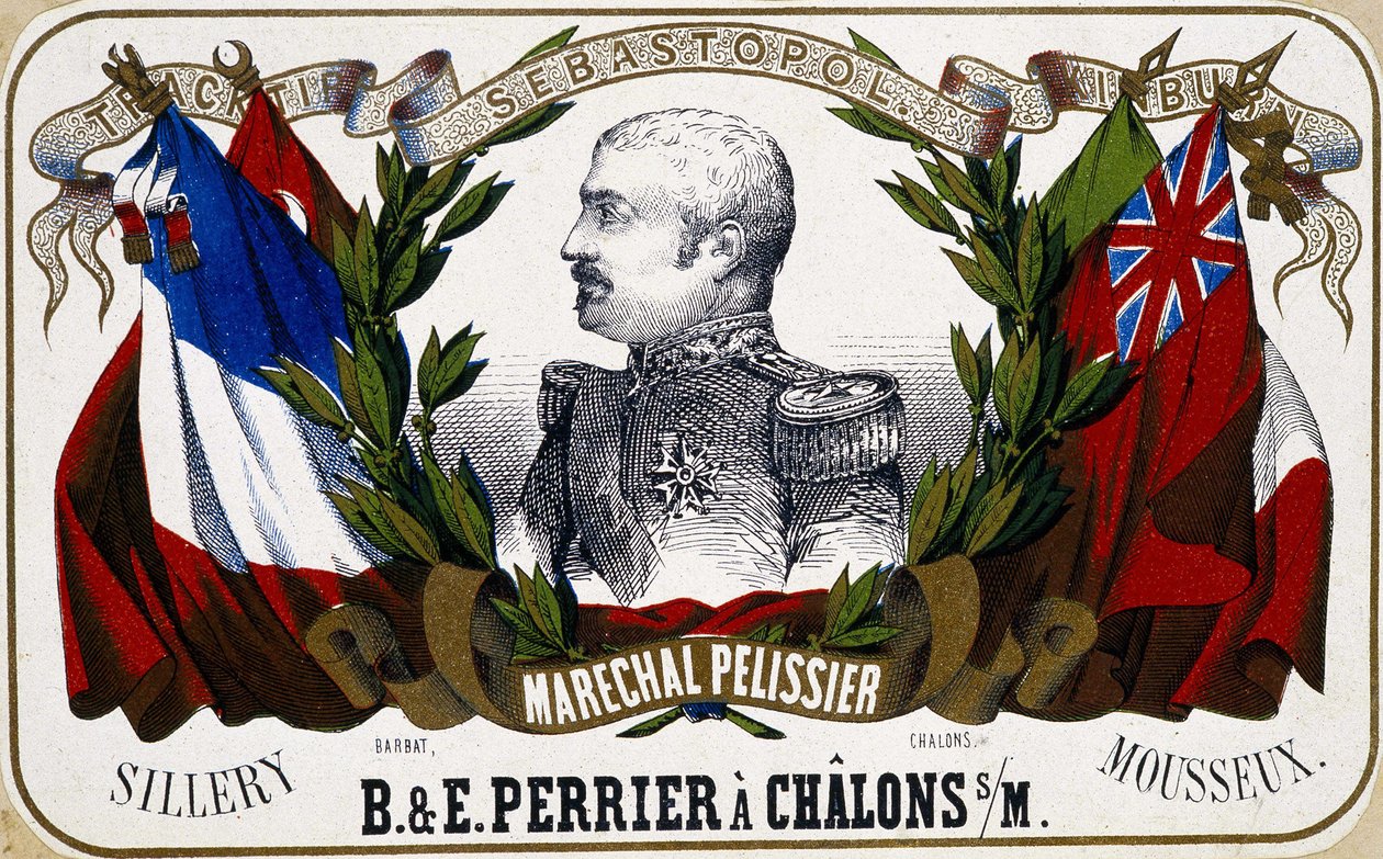 Portrét Maréchala Pelissiera na etiketě šampaňského “”B. & E. Perrier à Chalóns sur Marne””, sd. 19. století. od Unknown artist