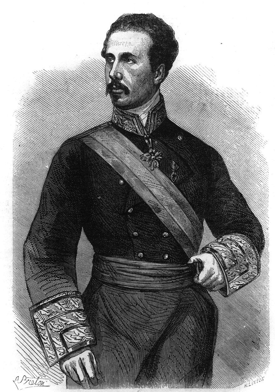 Portrét Marie Ferdinand Francois z Assisi de Bourbon, král Španělska (1822-1902). Gravírování v „The Illustrious Universe“ od Unknown artist