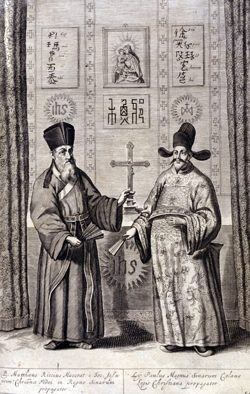 Portrét Mattea Ricciho (vlevo), italského jezuity a Paula Ly, velkého šiřitele křesťanské víry v Číně, rytina „De China monumenta“ od Athanasius Kircher (1601 - 1680), jezuita, orientalista a germanista, Amsterdam 1667. od Unknown artist