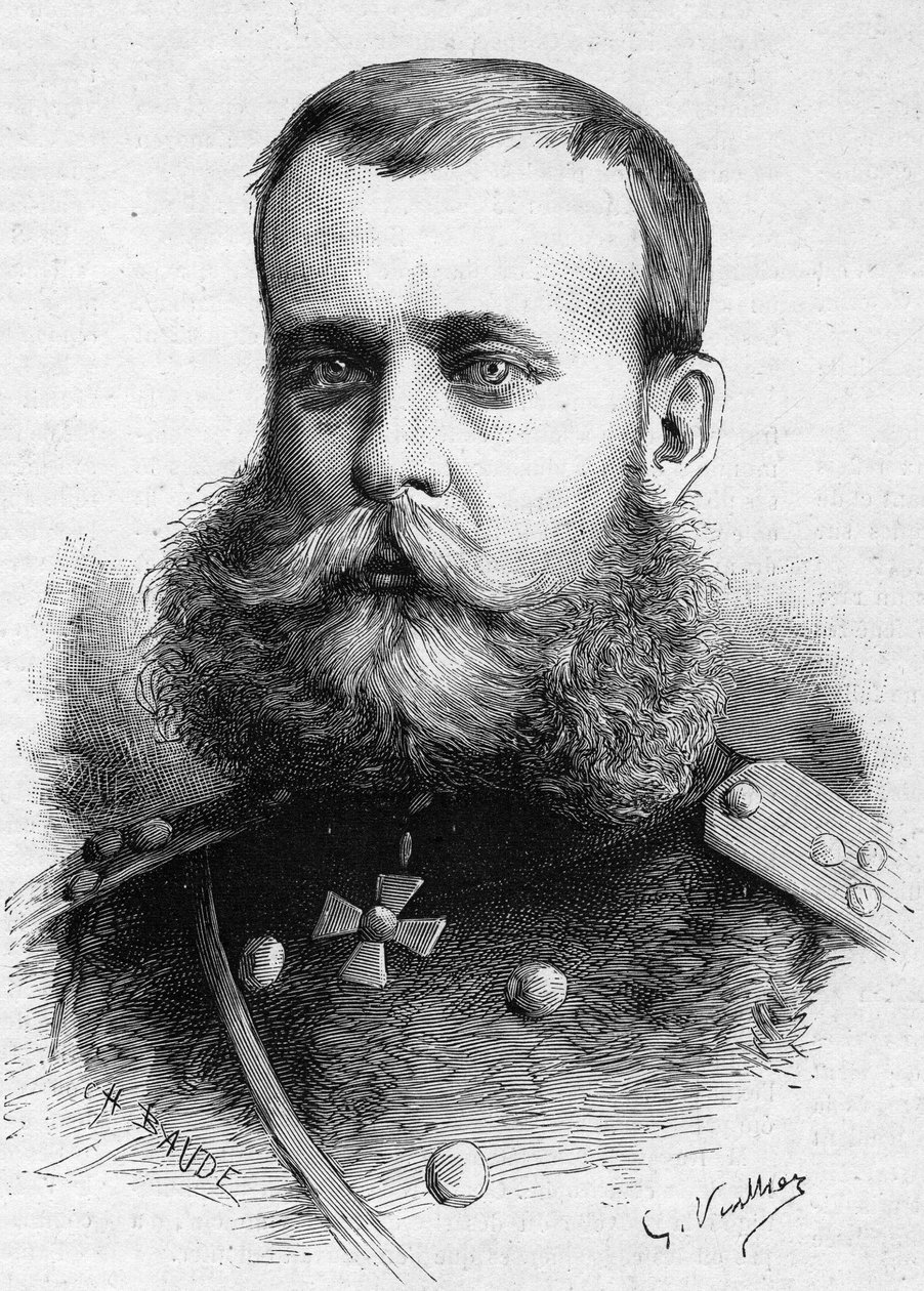 Portrét Michail Dmitrievich Skobeleff (generál Skobeleff nebo Skobelev) (1843-1882), ruská armáda. Gravírování v „“ Le Monde Illustré““ č. 1301 ze 4. března od Unknown artist