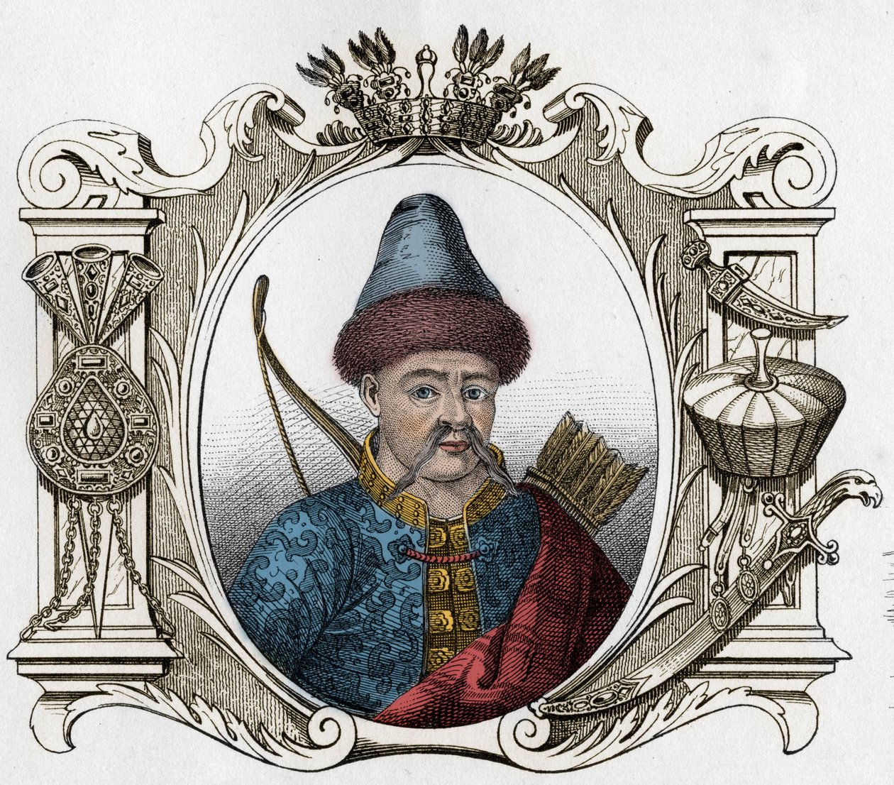 Portrét mongolského panovníka Timura (Tamerlane) (1336-1405) - Tamerlan (1336-1405) (nebo Timur Lang, ""Timur chromý""), rytina z roku 1861 od Unknown artist