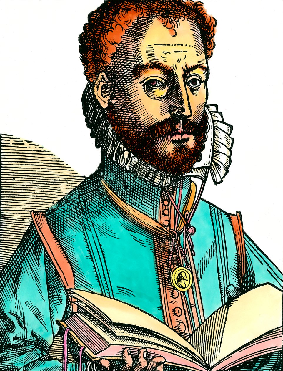 Portrét Orlanda Lassuse (1531-1594), hudebníka francouzsko-belgické školy, držícího otevřenou knihu (bílé stránky). Rytina 16. století. Coll. Pojď. od Unknown artist