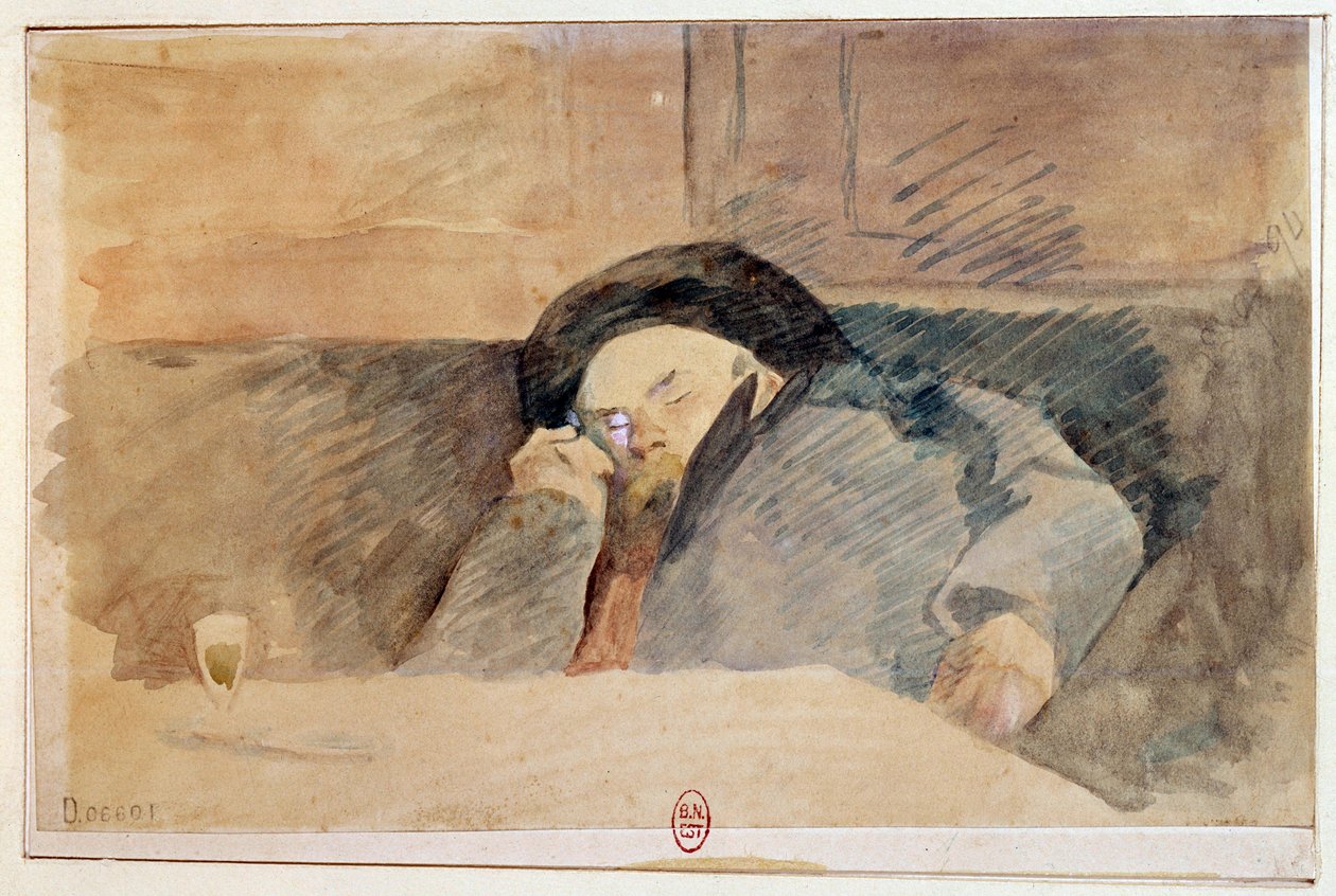 Portrét Paula Verlaina (1844-1896), francouzského básníka, spícího v kavárně Procope v Paříži. Akvarel 19. století. Paříž, B. N. od Unknown artist