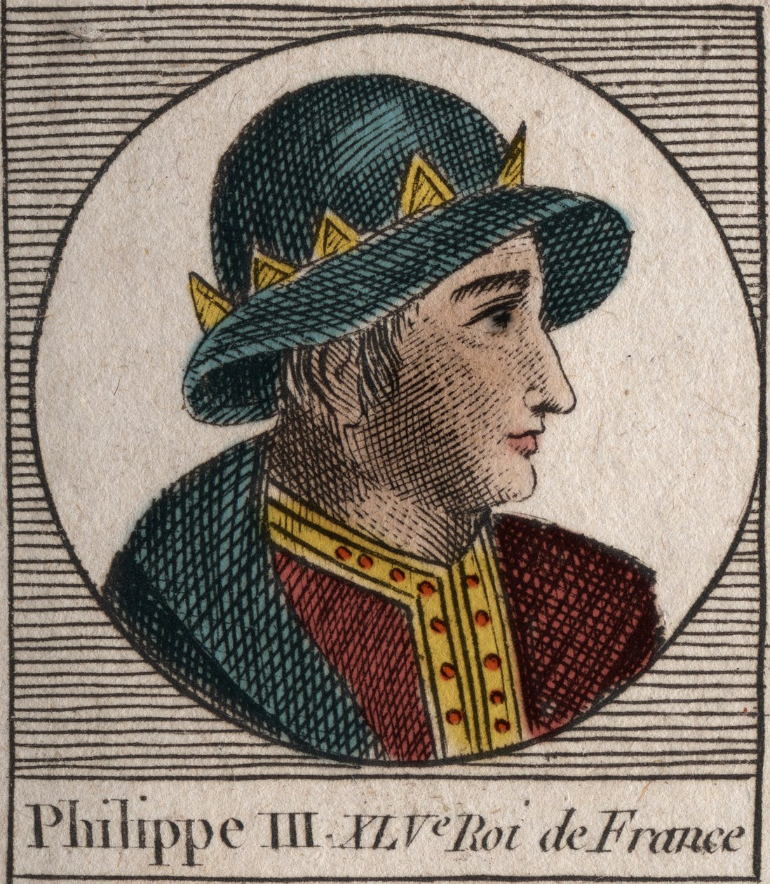 Portrét francouzského Filipa III., dit Philippe le Hardi (1245-1285) (dynastie Kapetovců) – Filip III., nazývaný smělým králem Francie – rytina z „Instruction sur l