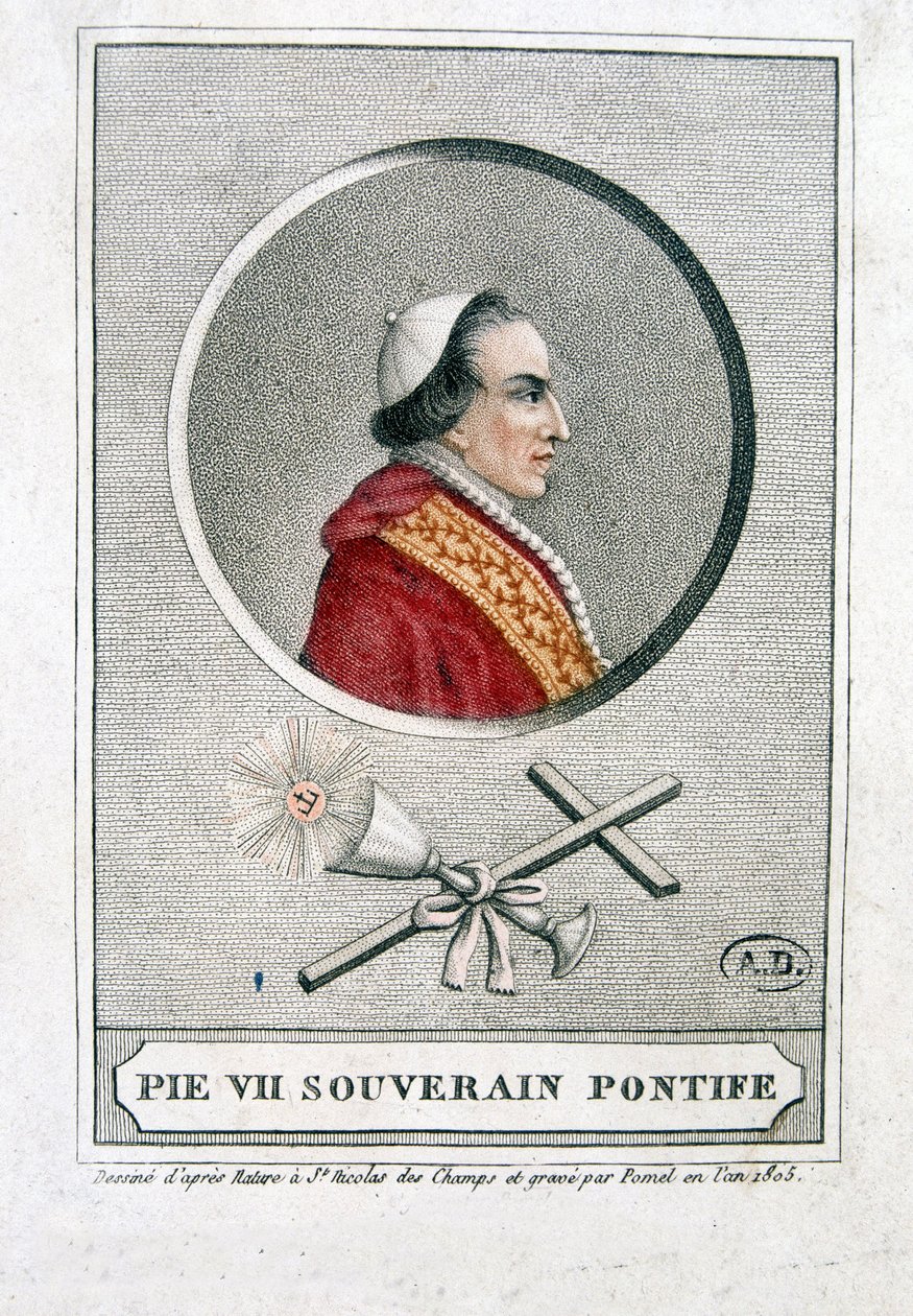 Portrét Pia VII. (1742 - 1823) v medailonu - rytina od Unknown artist