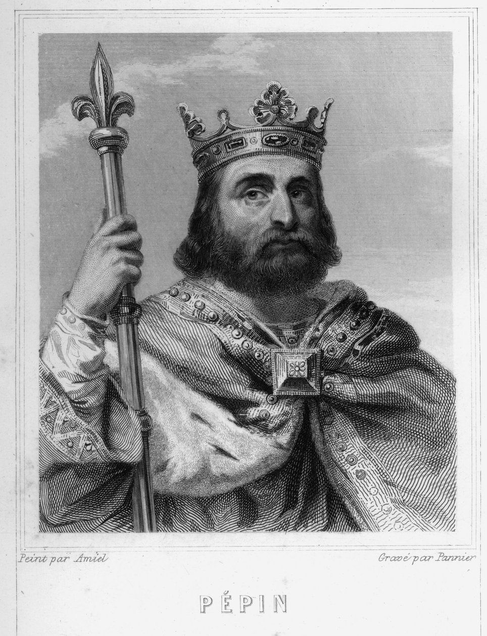 Portrét Pépina le Briefa (v. 714 - 768), krále franků, prvního z Karolinců - v „Histoire des Français“ od Lavallée, rytina, sd. od Unknown artist