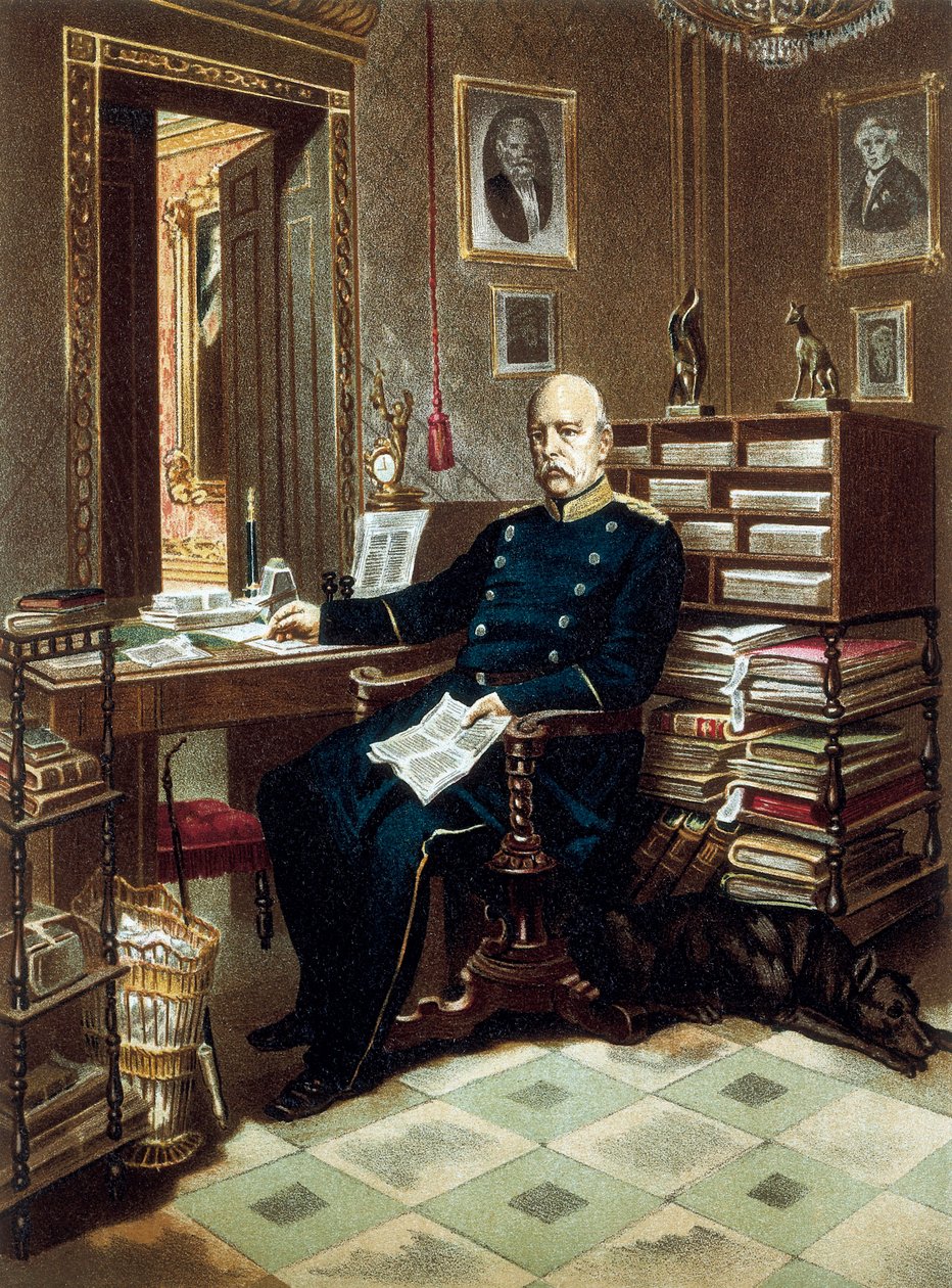 Portrét prince Otto von Bismarcka (1815-1898), kancléře a pruského politika, v jeho kanceláři. Barevná litografie od Unknown artist