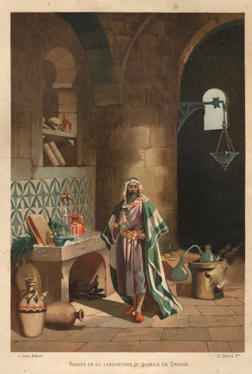 Portrét Rhasese (Rhazes, Razi, Al-Razi, Razis nebo Rases) (840-923) perský vědec) ve své laboratoři v Bagdádu. Barcelona 1881 od Unknown artist