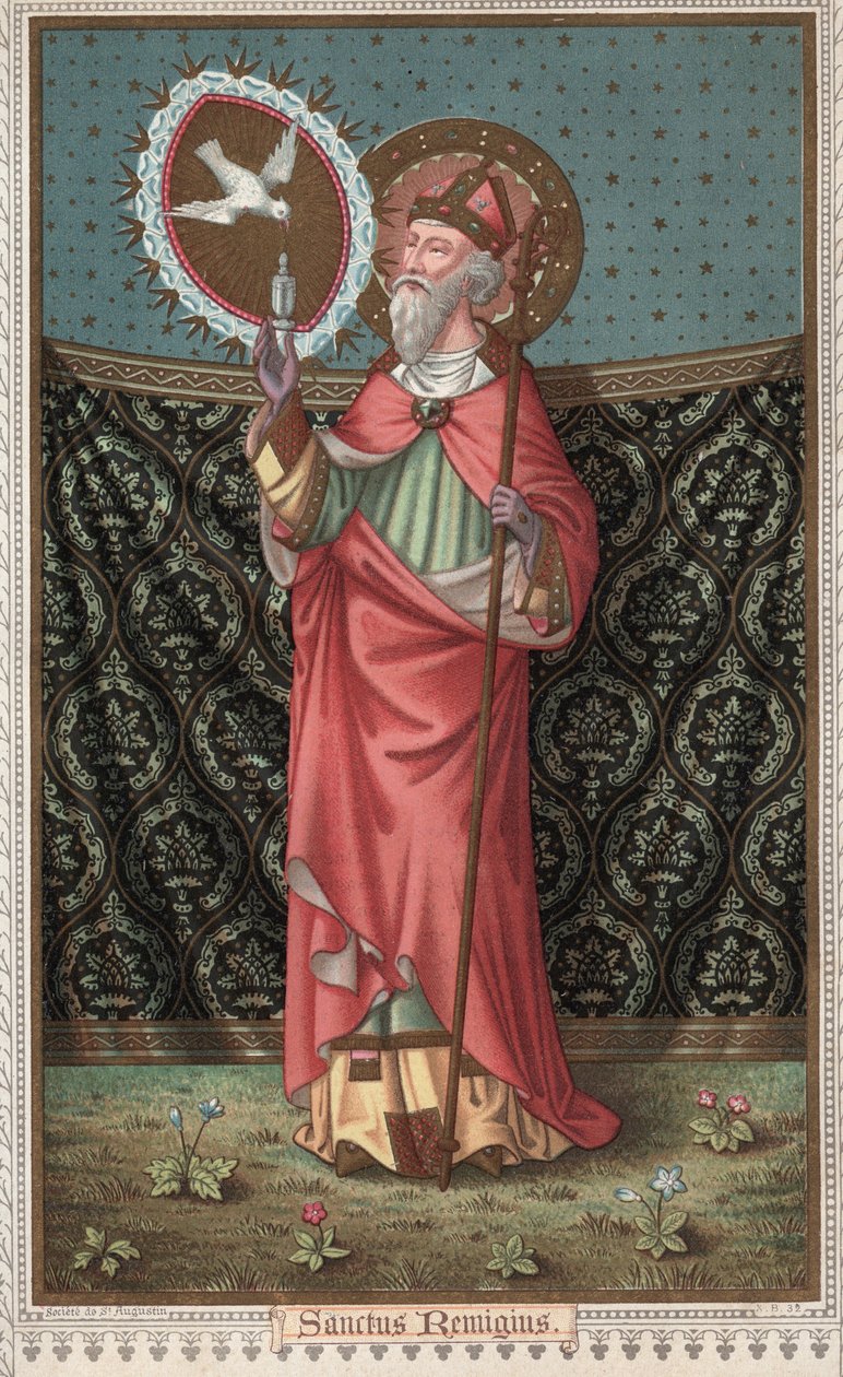 Portrét svatého Remiho (437-533) (Saint Remigius, Remy Remigio) návštěva holubice Ducha svatého (Ducha Svatého). Chromolitografie konce 19. století. od Unknown artist