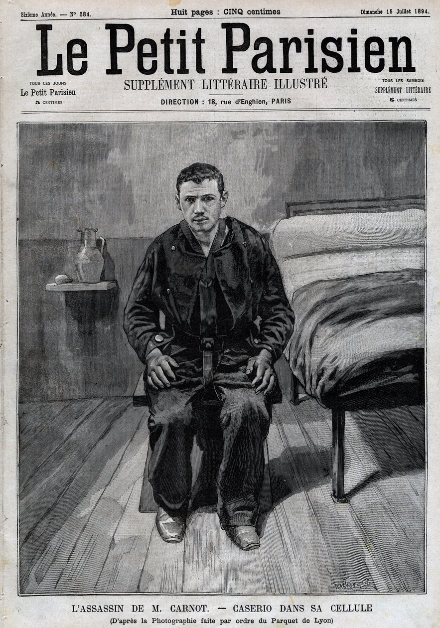 Portrét Sante Caserio (1873-1894) italský anarchista, vrah Sadi Carnot, ve vězení. Gravírování v „“Le Parisien““ od Unknown artist