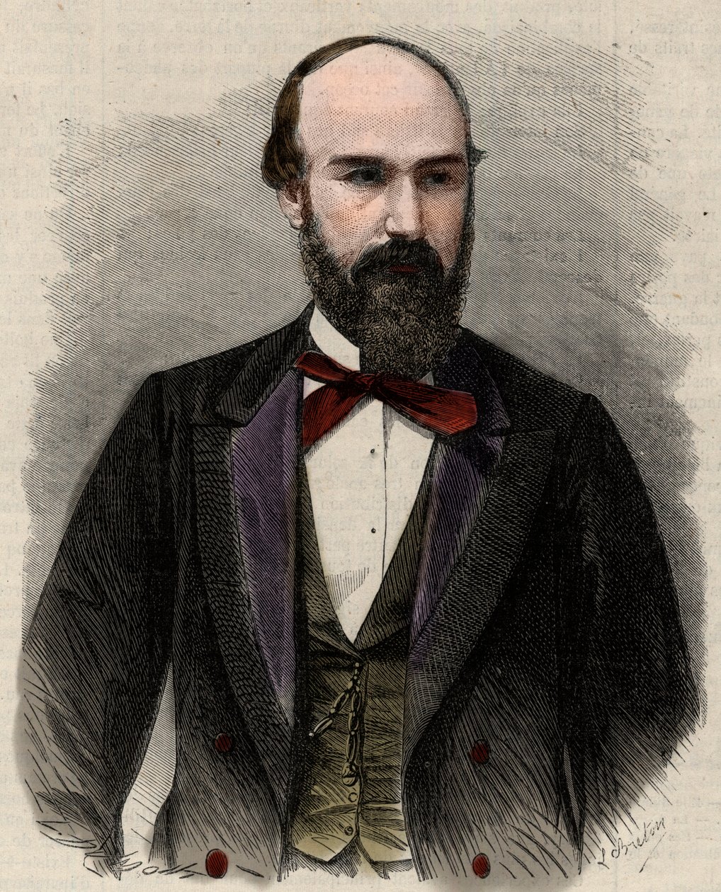 Portrét Santose Gutierreze (1820-1872), politika a bývalého prezidenta Spojených států Kolumbie. Gravírování v „“L