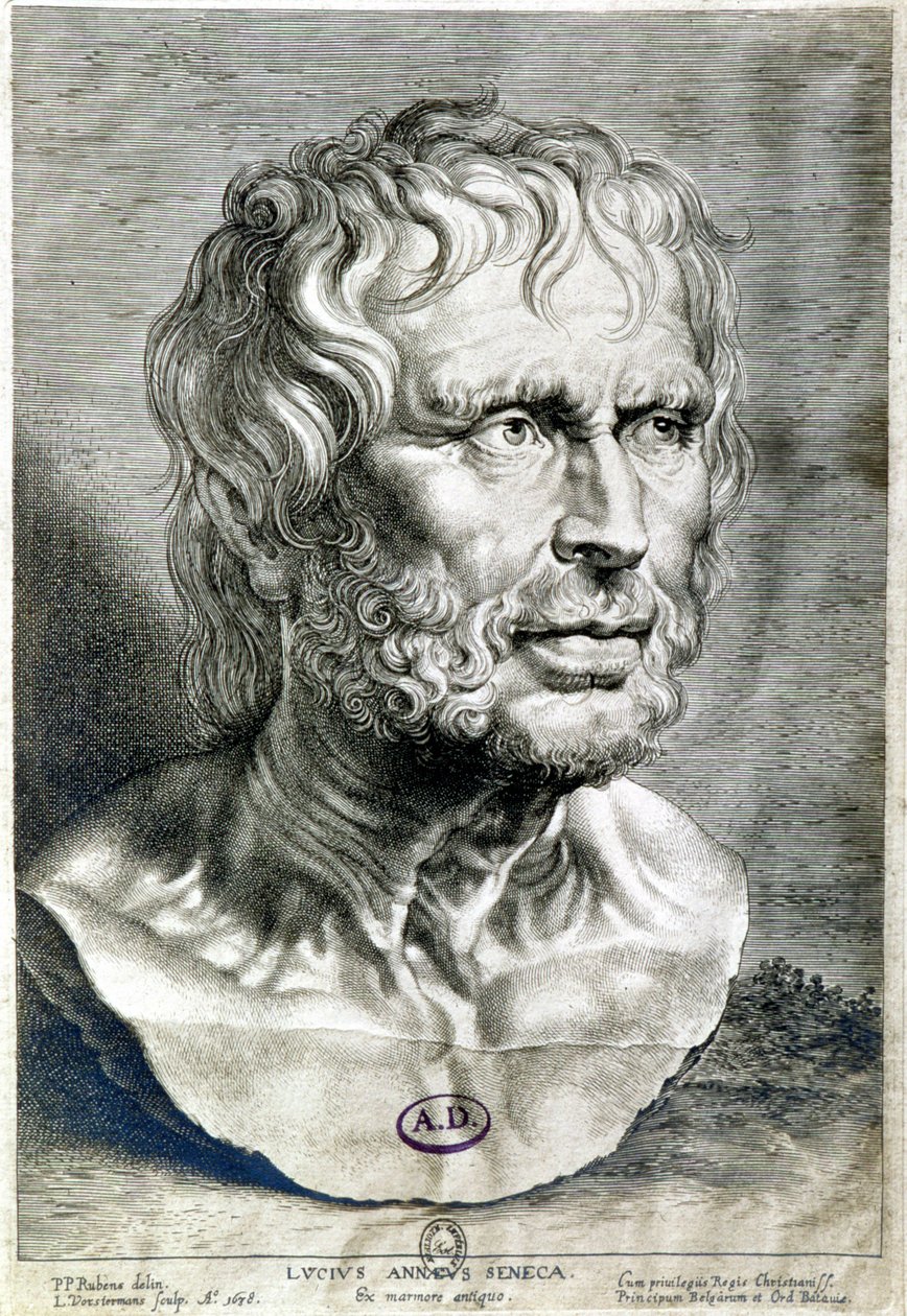 Portrét Seneca (Lucius Annaeus Seneca, 4 př. nl-65 n. l.), filozof stoické školy, dramatik a římský státník - Rytina 1638 - Coll Maciet, Knihovna dekorativních umění, Paříž od Unknown artist