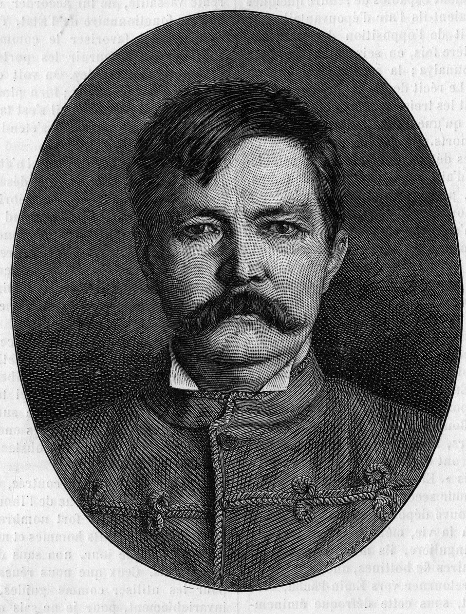 Portrét sira Henryho Mortona Stanleyho, pseudonym Johna Rowlandse (1841-1904), britského průzkumníka a novináře. Rytina do „“Le Journal de la jeunesse““ od Unknown artist