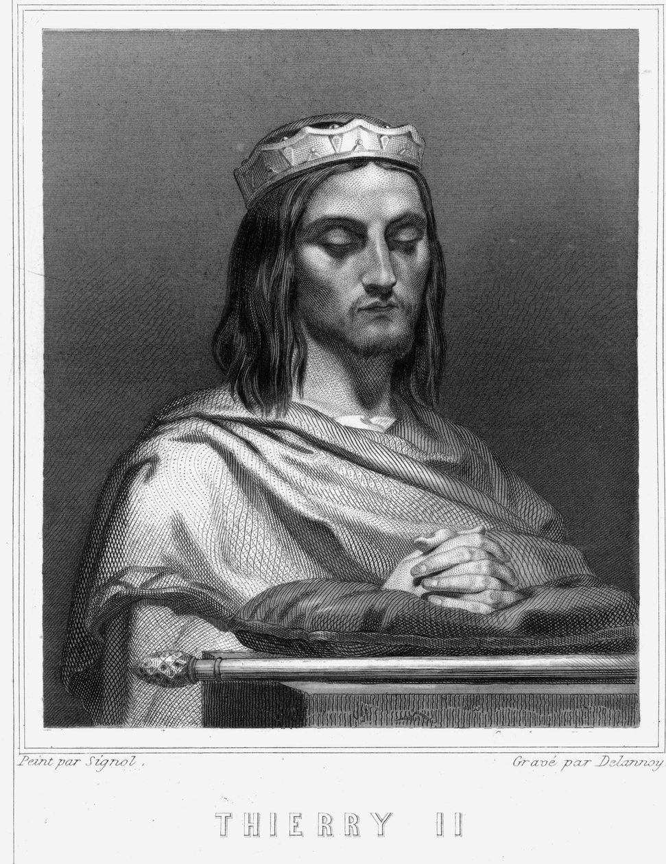 Portrét Thierryho II. (? - 613), krále Burgundska a Austrasie - v „Histoire des Français“ od Lavallée, rytina, sd. od Unknown artist