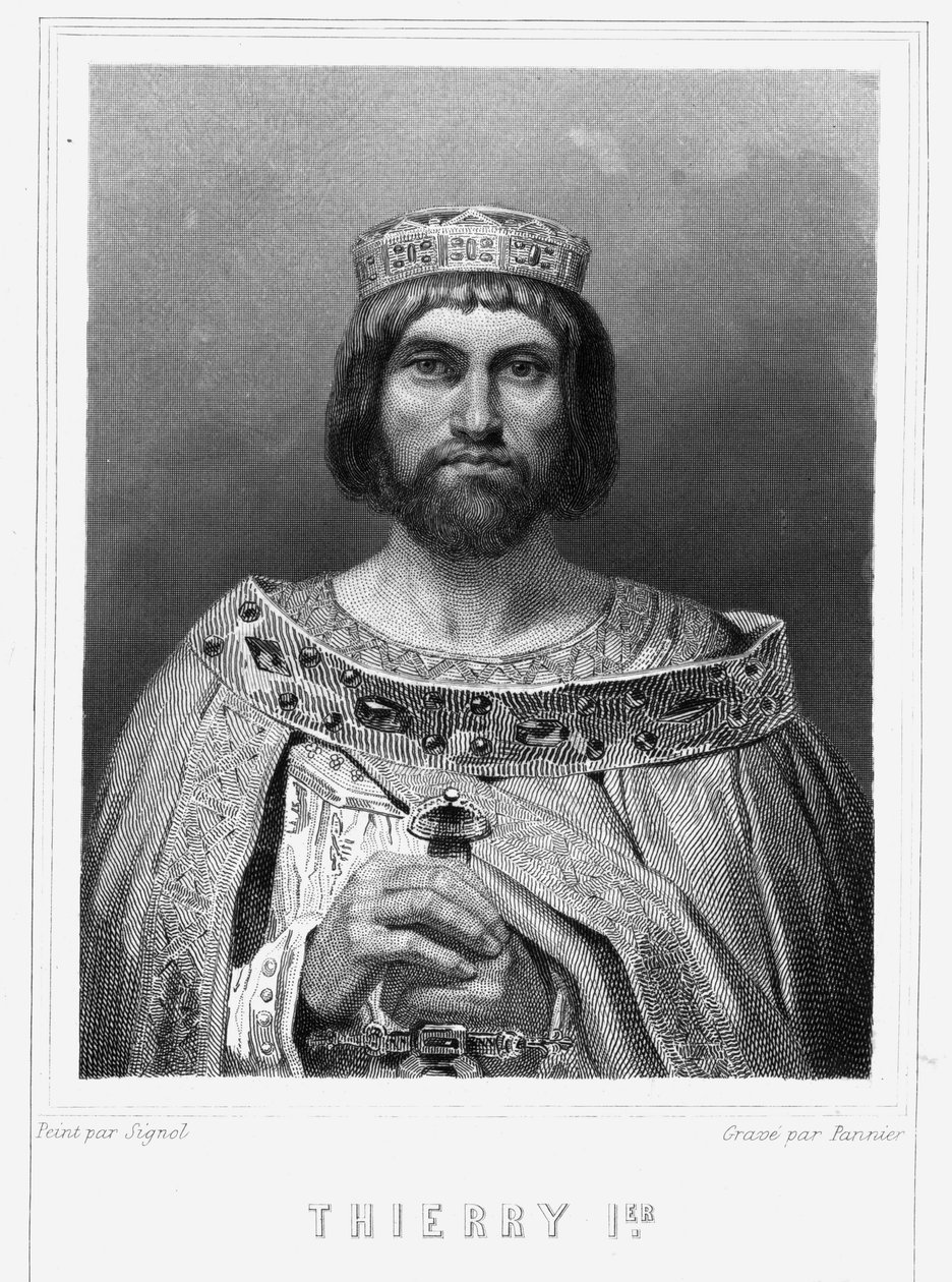 Portrét Thierryho I. (? - 533), krále Austrasie - v „“ Histoire des Français““ od Lavallée, rytina, sd. od Unknown artist