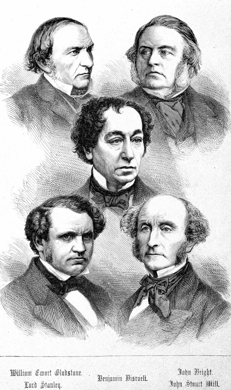 Portrét Williama Ewarta Gladstonea, Johna Brighta, Lorda Stanleyho, Johna Stuarta Milla a Benjamina Disraeliho – v „“The Contemporains“, n.d. koncem 19. století. od Unknown artist