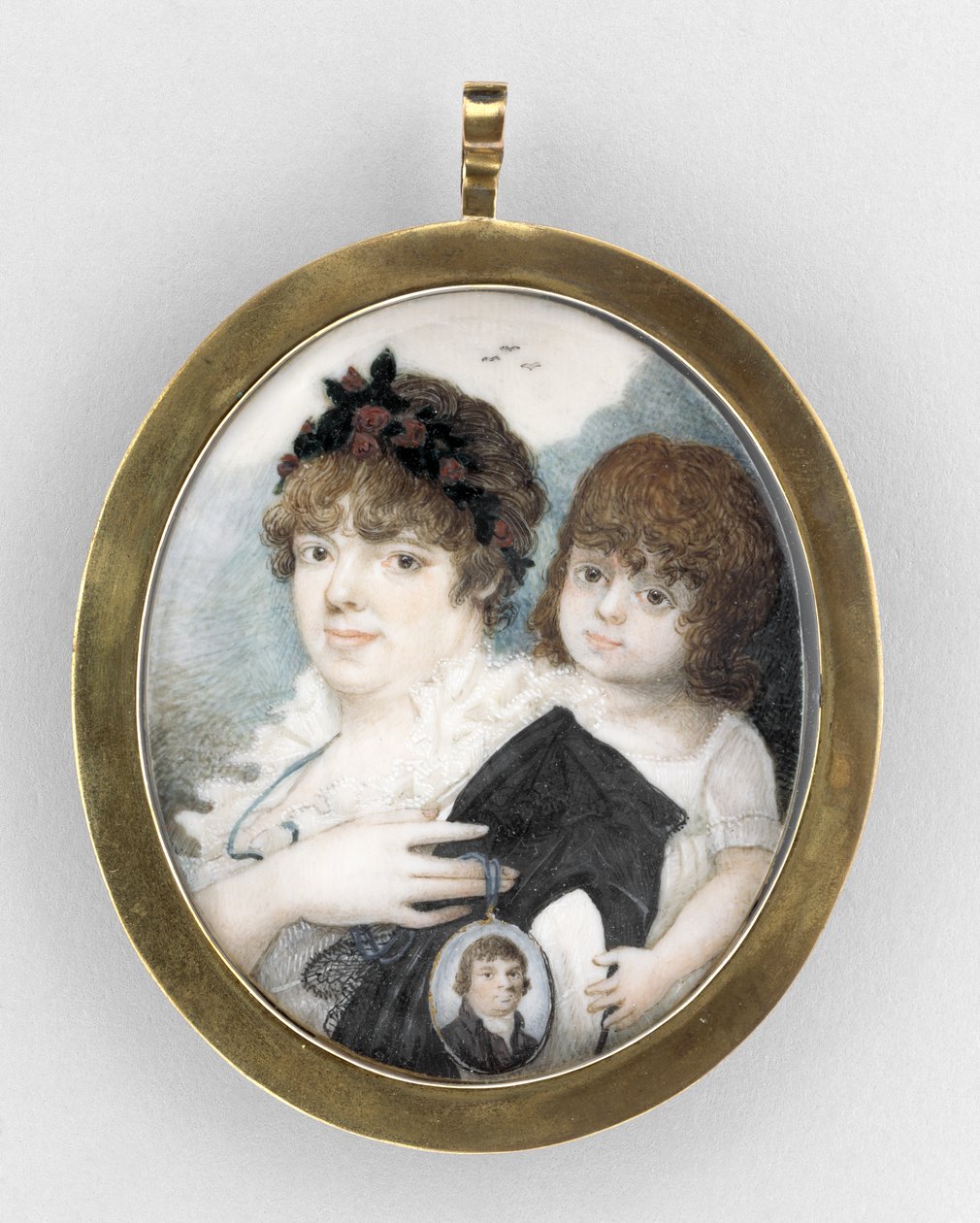 Portrét matky a dítěte, cca 1810-20 (akvarel na slonovině, zlacená měď a sklo) od Unknown artist